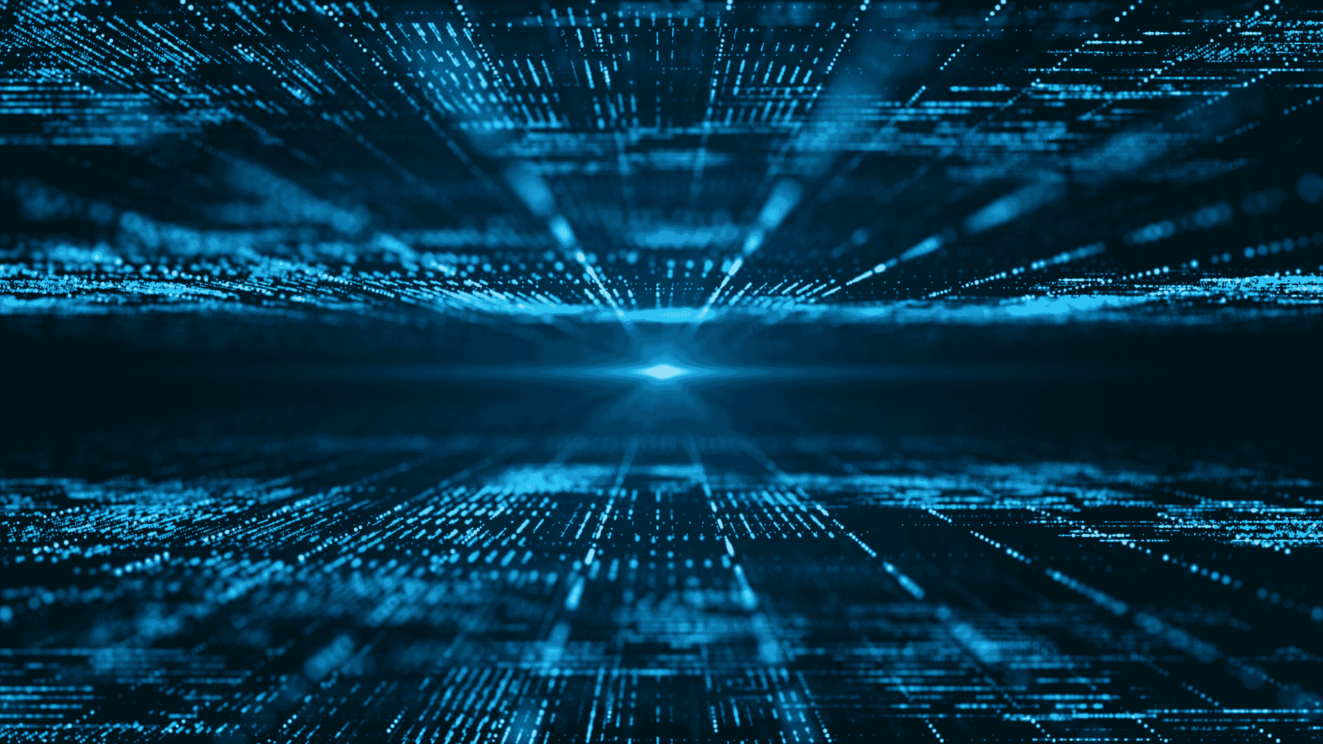 Home 2 Abstract digital data stream visualised as glowing blue lines and particles converging toward a central light source.