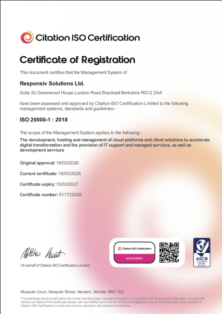 Responsiv Achieves ISO 20000-1 Certification 1 ISO 20000-1 Certificate